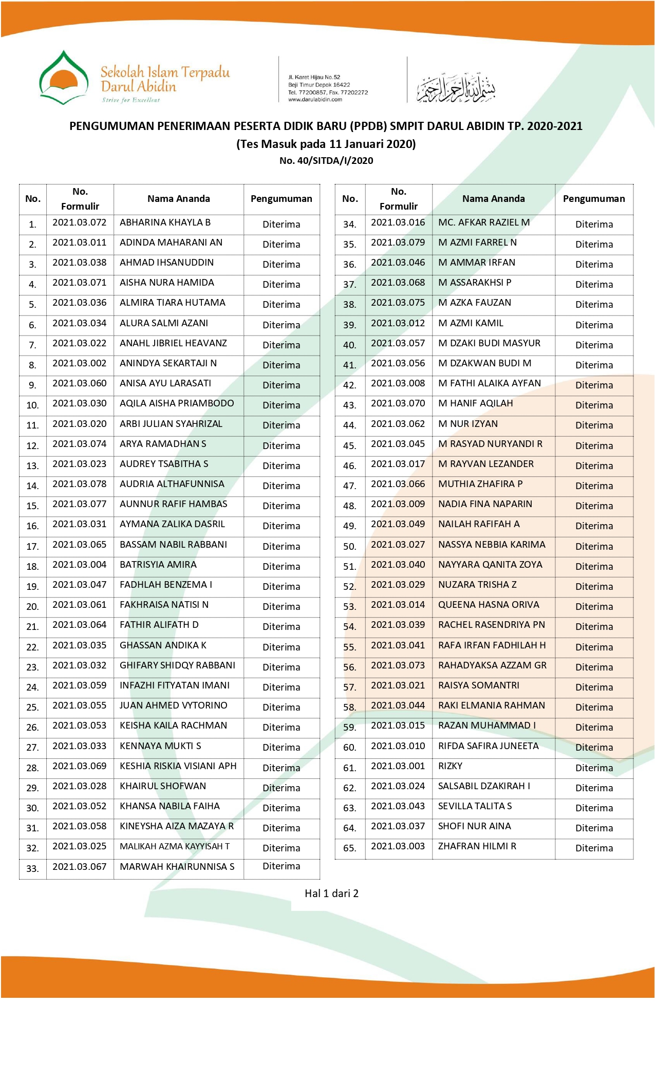 Pengumuman Penerimaan Murid Baru (PMB) SMPIT Darul Abidin TP.2020-2021 (Tes Masuk pada 11 Januari 2020)